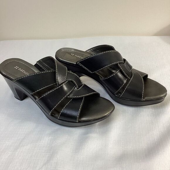Naturalized Black Leather Slide-on Heeled Sandal Size 7 - Picture 1 of 9